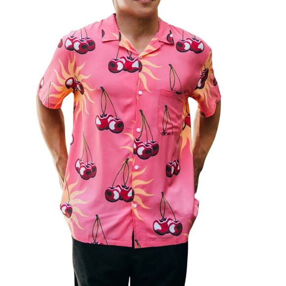 Duvin Cherry Men's Button Up Cabana Shirt Size M Lightweight Stretch Pink NWT - Picture 1 of 10